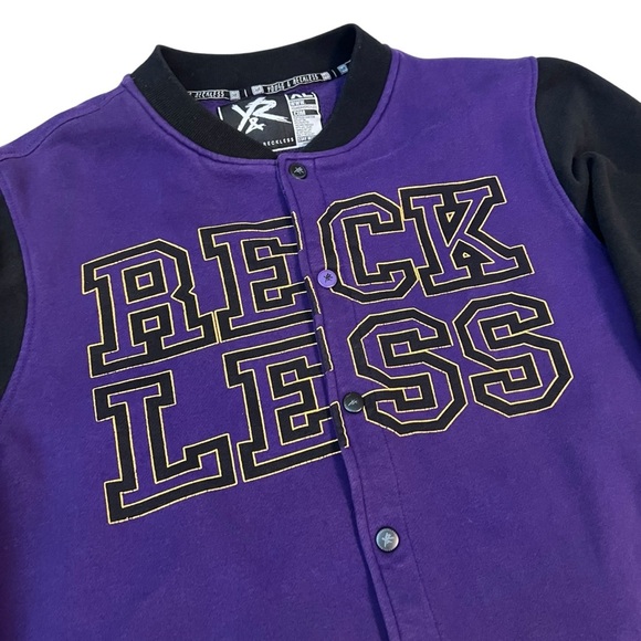 Young & Reckless XL Varsity Bomber Jacket Purple Black RECKLESS Logo - Picture 3 of 7
